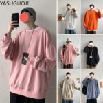 YASUGUOJI Men's Spring Winter Fleece Hoodie Loose Round Collar Solid Color Long Sleeve T Shirt Men Tops Size S-3XL