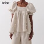 Bclout Vintage Casual Square Collar Loose Shirt Female Summer Backless Woman Blouse Cotton Short Sleeve Lace Up Ladies Tops