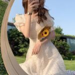 Summer Floral Design Sweet Dress Short Sleeve Chiffon Elegant Dress Korean Style Square Collar Party Dress for Female Dot