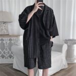 Summer Men Set Shirts and Shorts Lightweight Letter Striped Half Sleeve Knee-Length Baggy Short Oversize Suit Clothing Man