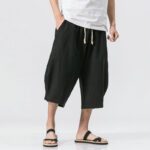 Chinese Style Summer Men Linen Pants Men Wide Leg Trousers Male Drop Crotch HipHop Man Joggers Calf-Length Pants Track Pant