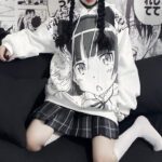 Japanese Anime Hoodie Autumn Clothes Women Sweatshirt Fashion Print Long Sleeve Tops Loose Warm Velvet Plus Size Women Pullover