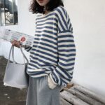 Women Harajuku Gothic stripe cotton sweatshirt Autumn long sleeve loose Kawaii Korean thin Sweatshirt kpop Tops