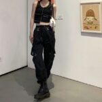 QWEEK Gothic Cargo Pants Women Harajuku Black High Waisted Pants Hippie Streetwear Kpop Oversize Mall Goth Trousers For Female