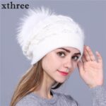 Xthree Winter Autumn beret hat for women knitted hat Rabbit fur beret with mink pom pom solid colors fashion lady cap