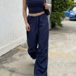 Jacqueline 2022 Summer y2k Blue Cargo Pants Womens Outifit Drawstring Baggy Sexy Crop Top and Low Waist Wid Leg Pant Set Fashion