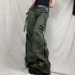Bandage Low Waist Cargo Pants Gothic Punk Baggy Retro Kawaii Trousers Grunge Green Zipper Jeans Women Korean Sweatpants