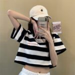 Black White Striped Cropped Top Women Summer New Korean Loose Short-sleeved T-shirt Fashion Egirl Letter Print Oversized Shirt