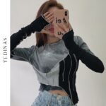 Yedinas Tie-dye Color Matching Irregular T-shirt Women Sexy Slim Crop Top Chic Design Korean Style Long Sleeve T-shirt Spring