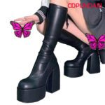 Black Thick Heels Elastic Micro Knee High Boots For Women Punk Style Autumn Winter Chunky Platform High Boots Party Shoes Ladies