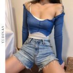 Yedinas Fashion 2 Pcs Set Solid Slim T Shirt Summer Women Long Sleeve Casual Vacation Off Shoulder Split Tee Streetwear Tops Set