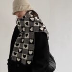 Wool Knitted Scarf Love Heart Scarf Black White Plaid Scarf Thickened Warm Winter Women's Scarves Christmas New Year Gifts