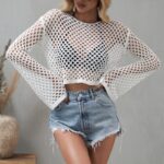 Crochet Knit Crop Tops Women Bikini Cover-ups Long Sleeve Round-Neck Knitted Pullover Tops Casual Hollow Out Smocks 5 Colors