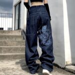 American retro street loose embroidered straight-leg jeans women casual all-match high-waist mopping wide-leg trousers