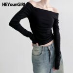 HEYounGIRL Off Shoulder Korean Fashion Tops Sexy Black Long Sleeve Slash Neck Goth Women T-shirt Streetwear Casual Tee Vintage