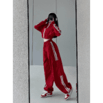 2 Piece Women Clothes Striped Tracksuit Pant Sets Korean Harajuku Fashion Casual Loose Red Joggers Sports Coats Trousers Sets
