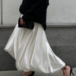 2023 Spring Summer Women Satin High Waist A-line Drape Skirt Fashion Elegant Solid Color Zipper Simple French Tutu Skirts