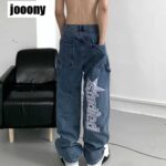 Autumn new streetwear retro hip-hop letter thermoprint jeans man loose straight-leg pants wide-leg pants for men male