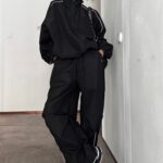 QWEEK 90s Vintage Black Pants Sets Women Y2K Streetwear Jacket Oversize Wide Leg Track Trousers Gorpcore Two Piece Set Tracksuit