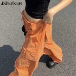 SUCHCUTE Orange Y2K Streetwear Baggy Carogo Pants Womens Low Rise Shirring Drawstring Big Pockets Summer Hippie Wide Trousers